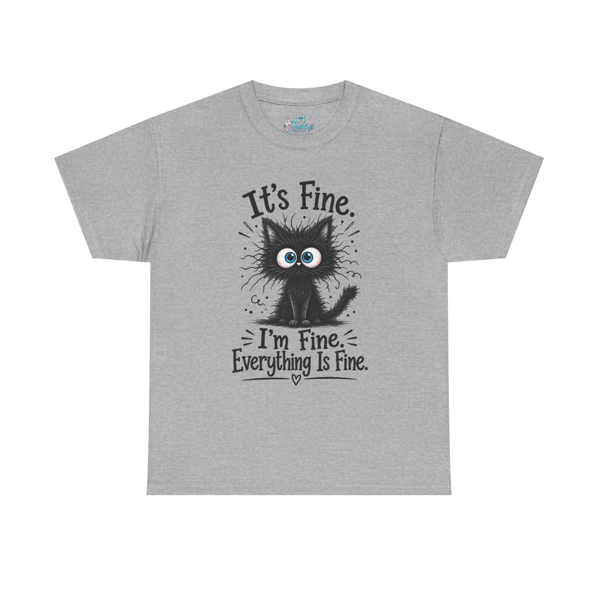 Fluffy Frazzled Black Cat It's Fine T-Shirt | Funny Cat Quote Tee