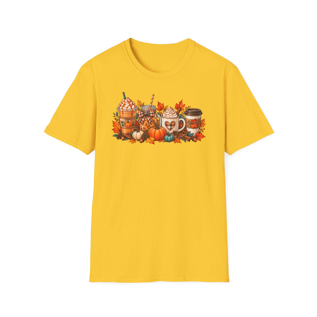 Pumpkin Spice Coffee Cups T-Shirt | Fall Pumpkin Latte Autumn Leaves