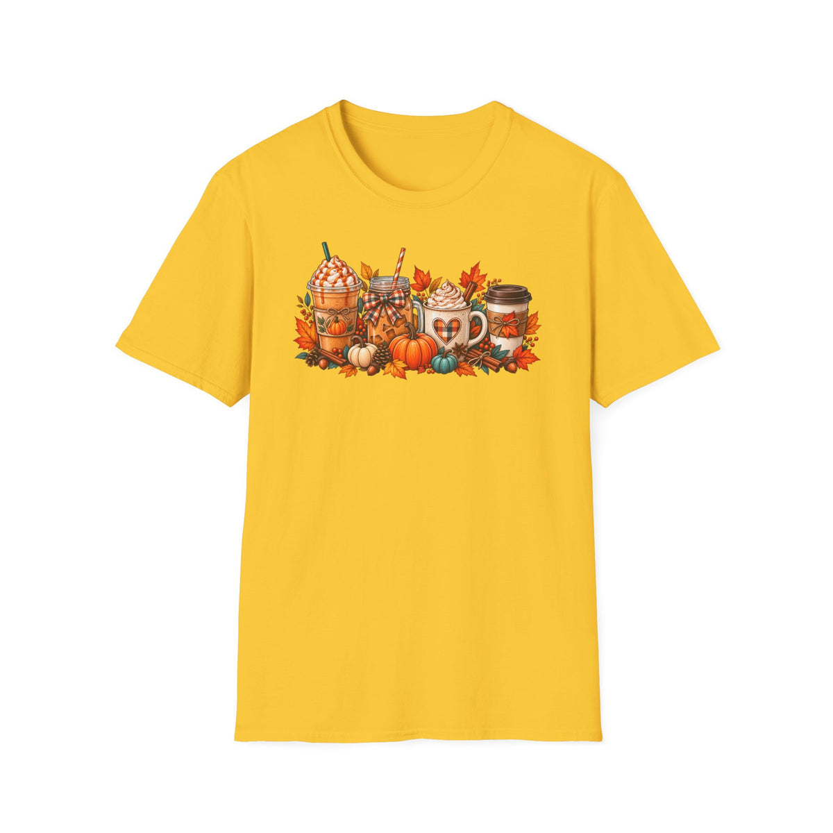 Pumpkin Spice Coffee Cups T-Shirt | Fall Pumpkin Latte Autumn Leaves