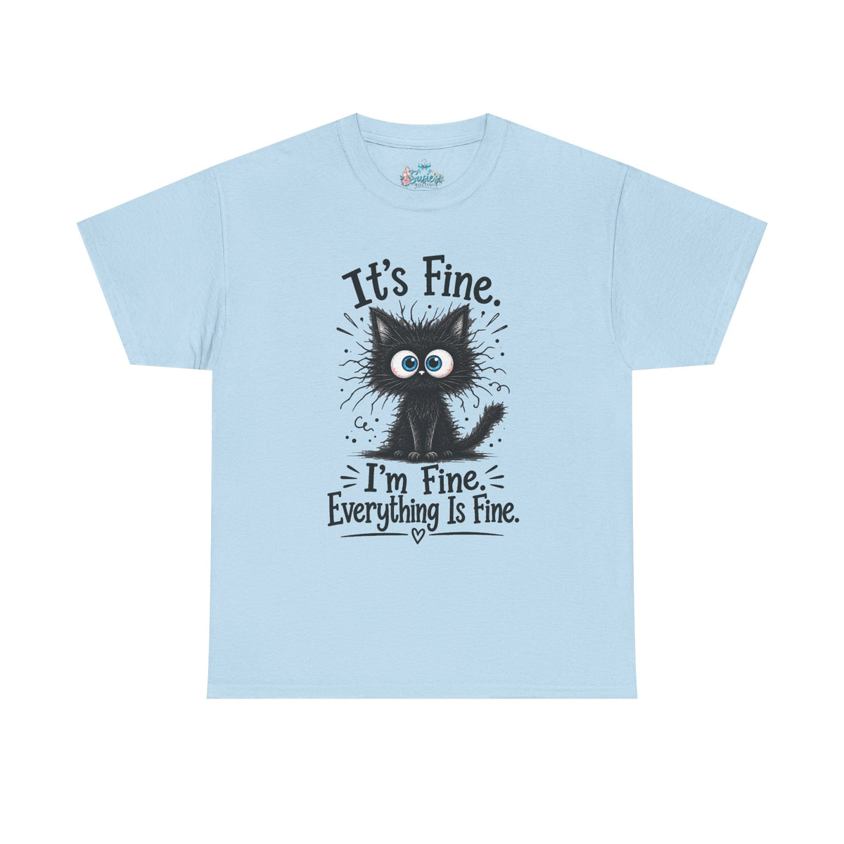 Fluffy Frazzled Black Cat It's Fine T-Shirt | Funny Cat Quote Tee