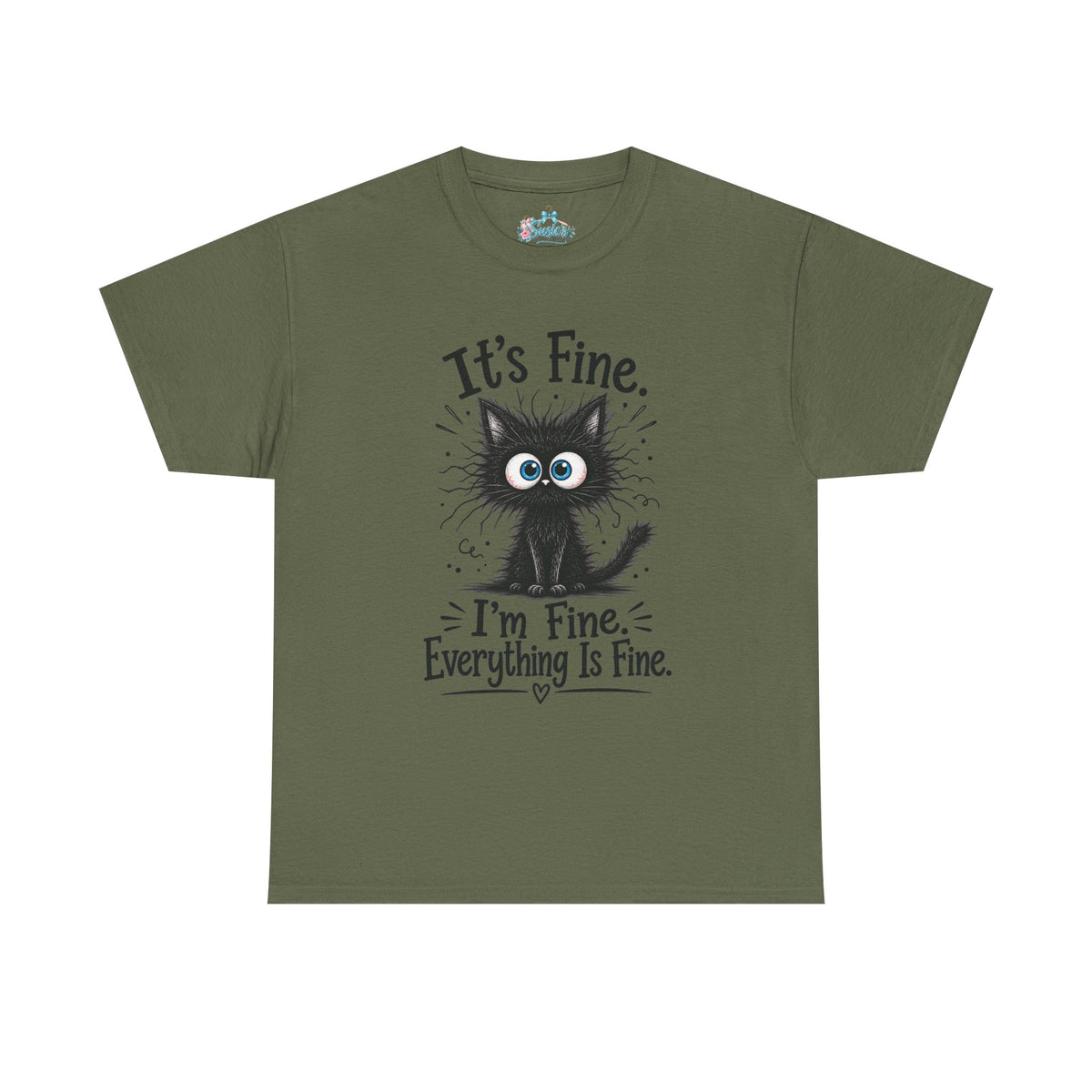 Fluffy Frazzled Black Cat It's Fine T-Shirt | Funny Cat Quote Tee