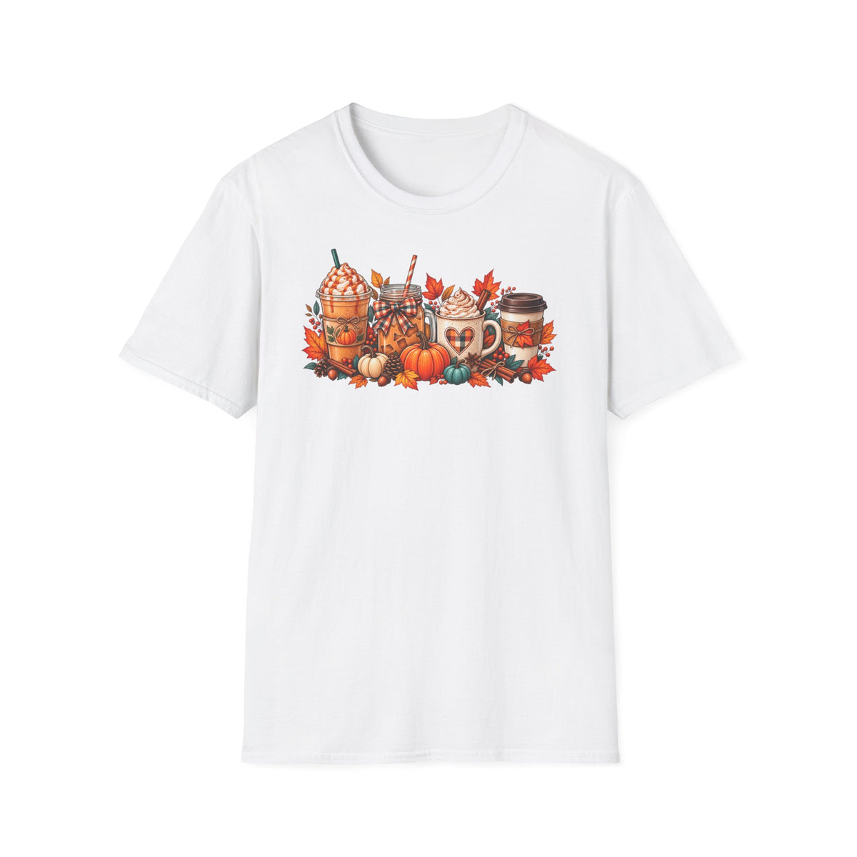 Pumpkin Spice Coffee Cups T-Shirt | Fall Pumpkin Latte Autumn Leaves