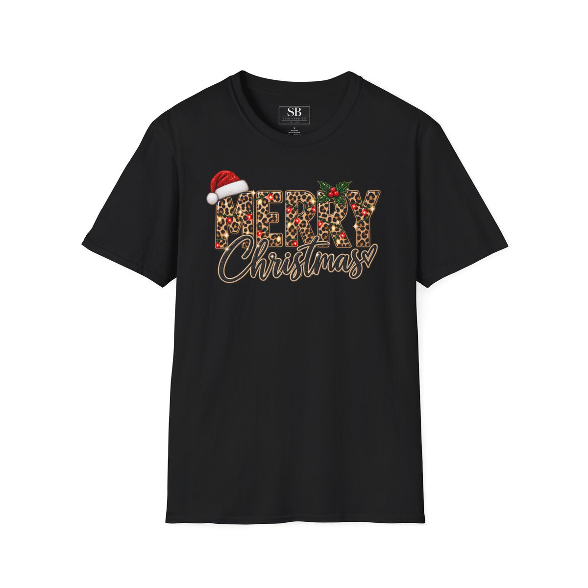 Leopard Print Merry Christmas T-Shirt | Santa Hat Holly Holiday Tee