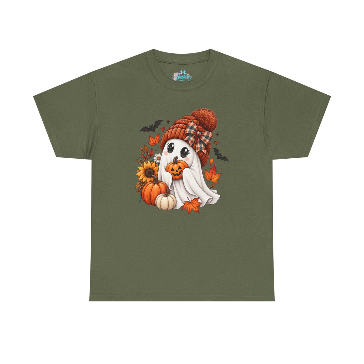 Cute Ghost Wearing Knit Hat Tee | Halloween Fall Pumpkin Leaves