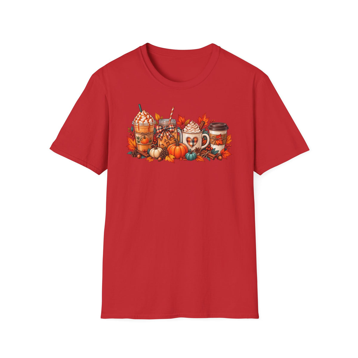 Pumpkin Spice Coffee Cups T-Shirt | Fall Pumpkin Latte Autumn Leaves