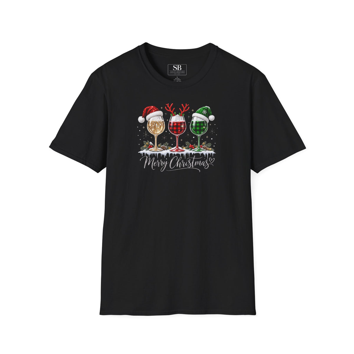 Christmas Wine Glass Trio T-Shirt | Holiday Wine Glasses with Santa Hats