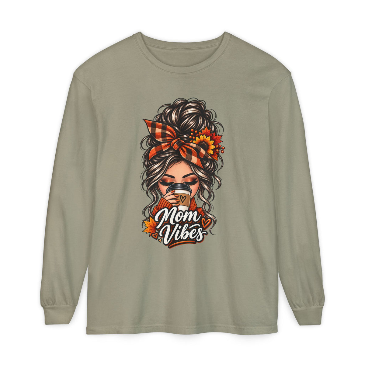 Mom Vibes graphic, Long Sleeve T-Shirt | Messy Bun Coffee Design