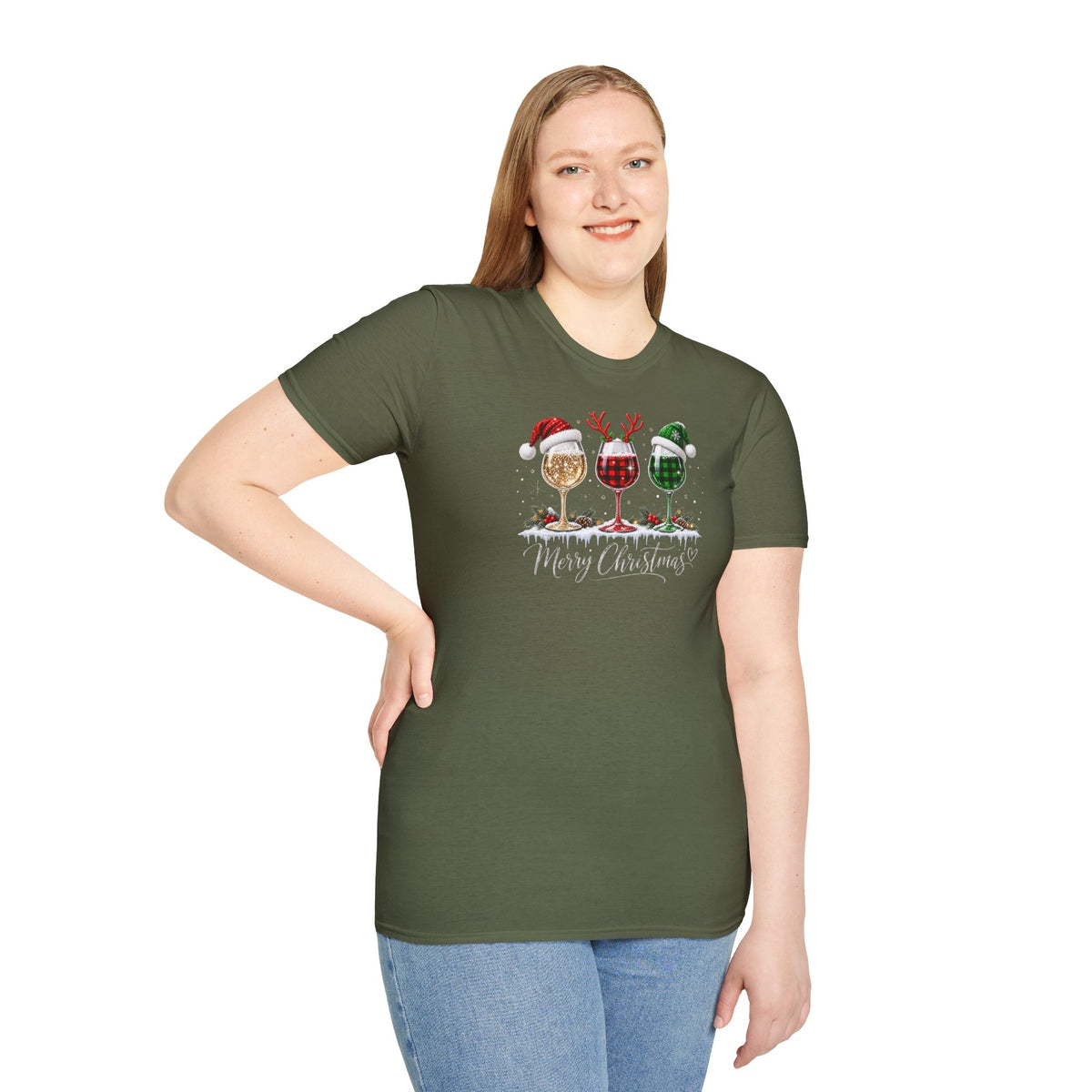 Christmas Wine Glass Trio T-Shirt | Holiday Wine Glasses with Santa Hats
