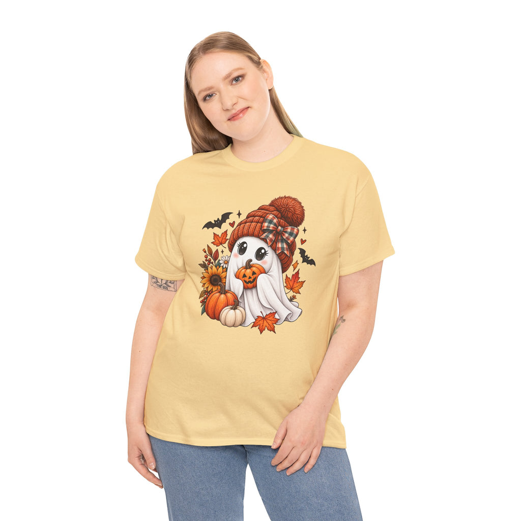Cute Ghost Wearing Knit Hat Tee | Halloween Fall Pumpkin Leaves