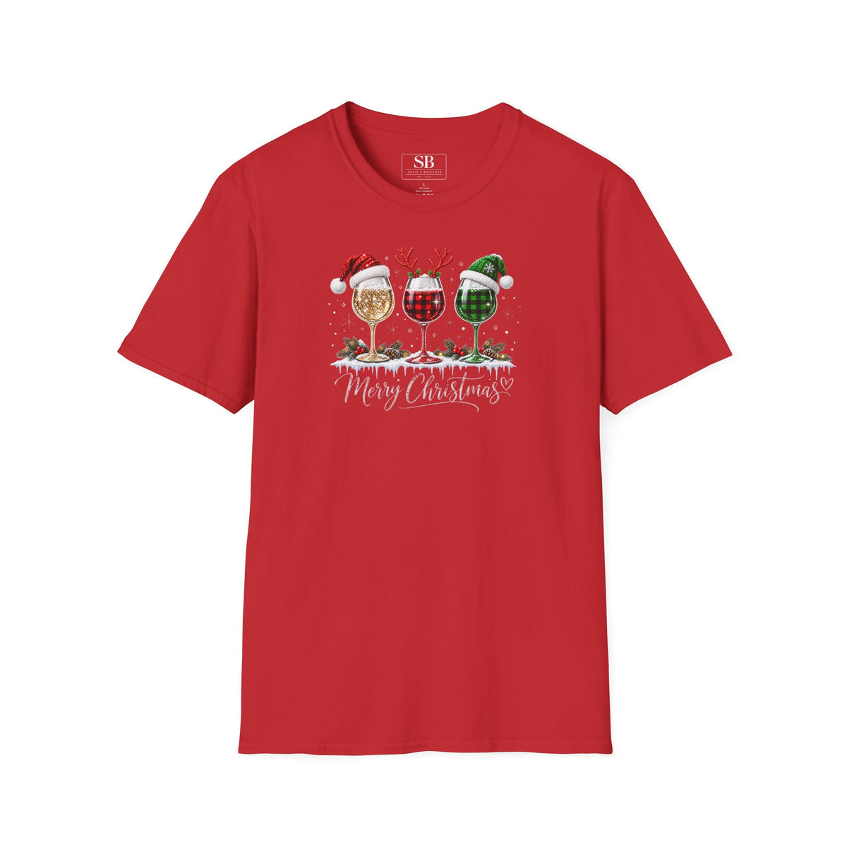 Christmas Wine Glass Trio T-Shirt | Holiday Wine Glasses with Santa Hats
