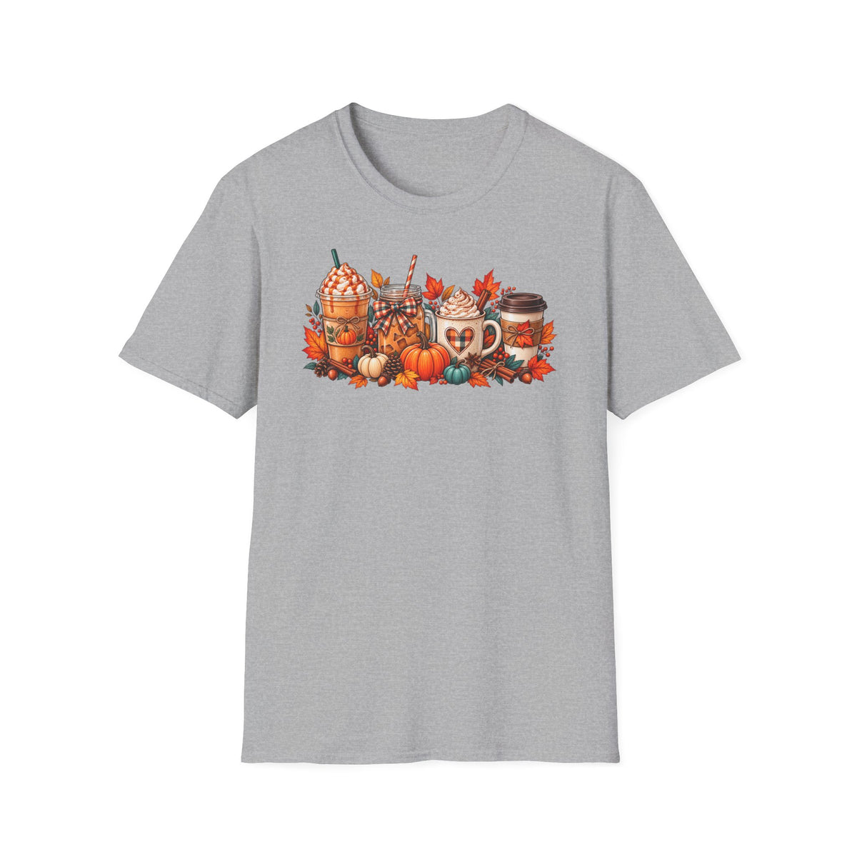 Pumpkin Spice Coffee Cups T-Shirt | Fall Pumpkin Latte Autumn Leaves