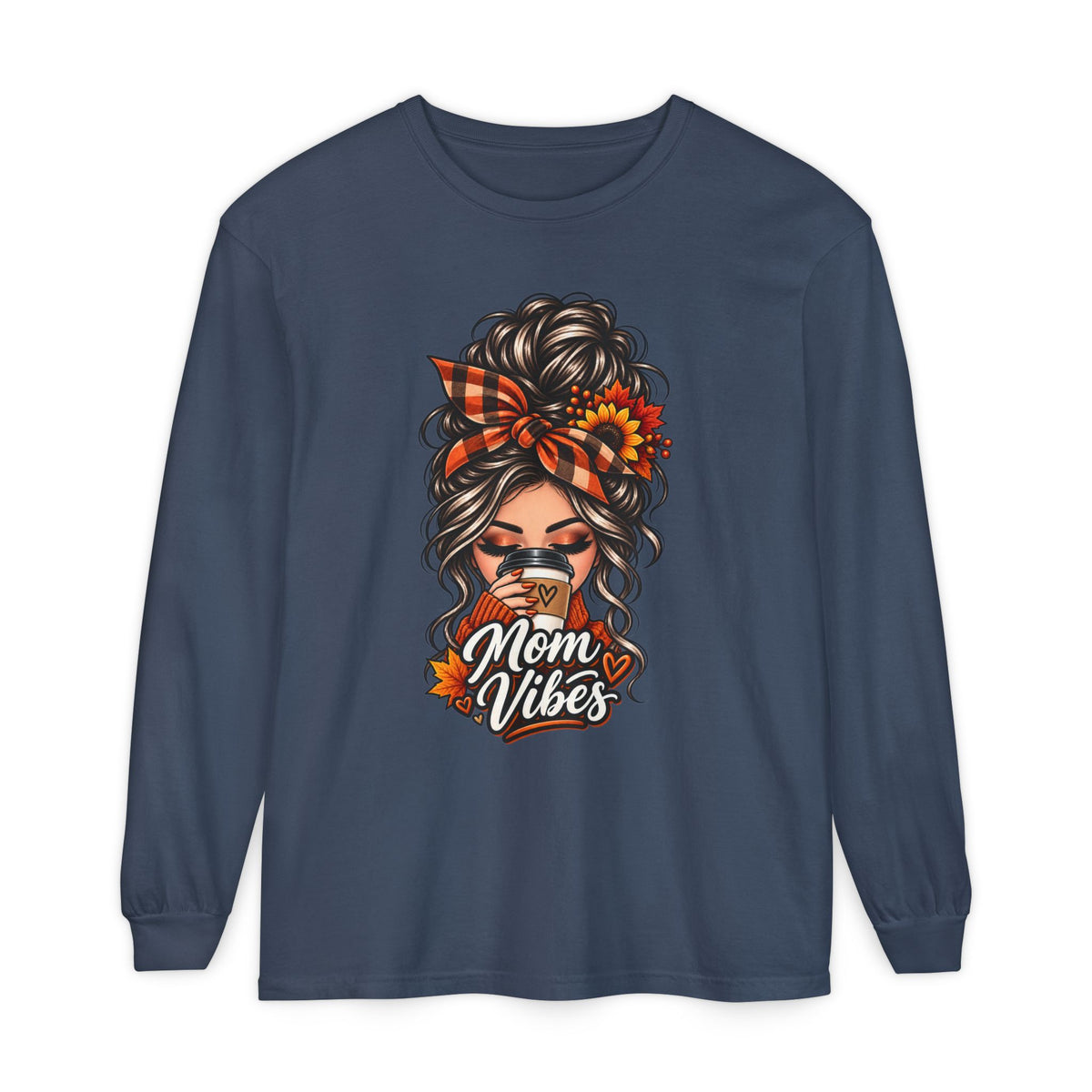 Mom Vibes graphic, Long Sleeve T-Shirt | Messy Bun Coffee Design
