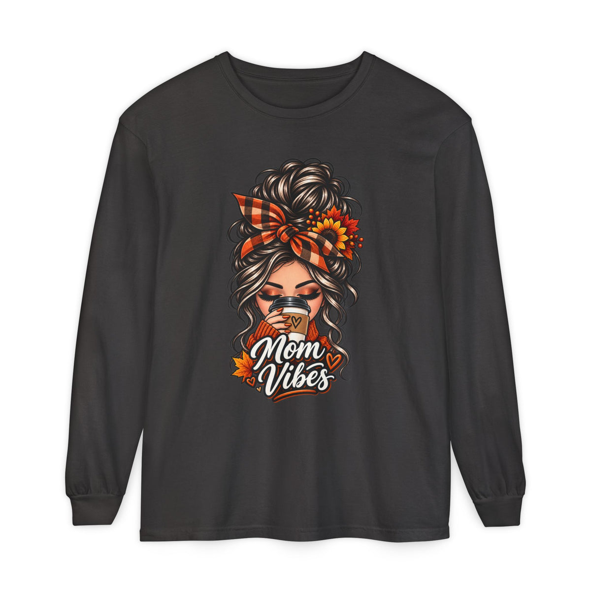 Mom Vibes graphic, Long Sleeve T-Shirt | Messy Bun Coffee Design