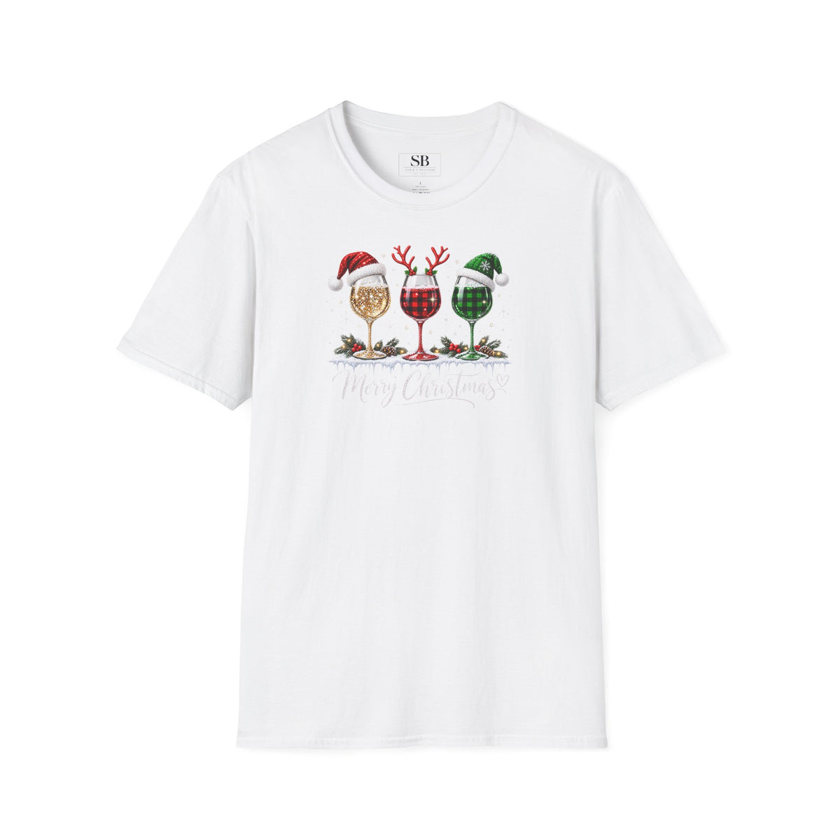 Christmas Wine Glass Trio T-Shirt | Holiday Wine Glasses with Santa Hats