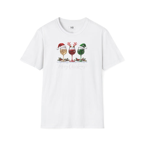 Christmas Wine Glass Trio T-Shirt | Holiday Wine Glasses with Santa Hats