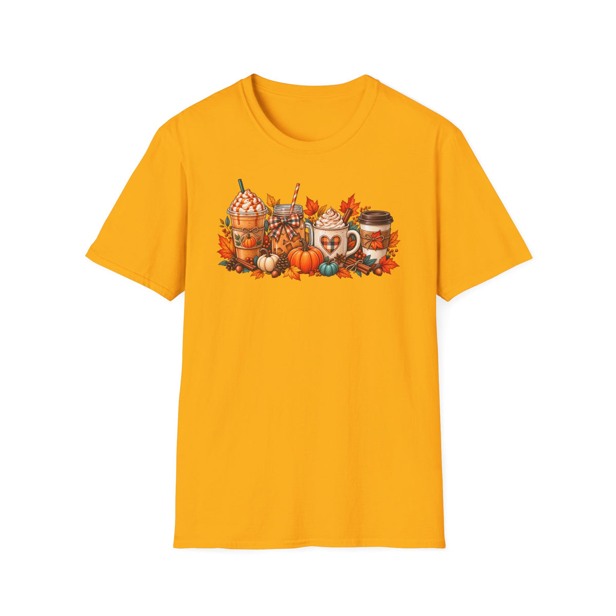 Pumpkin Spice Coffee Cups T-Shirt | Fall Pumpkin Latte Autumn Leaves