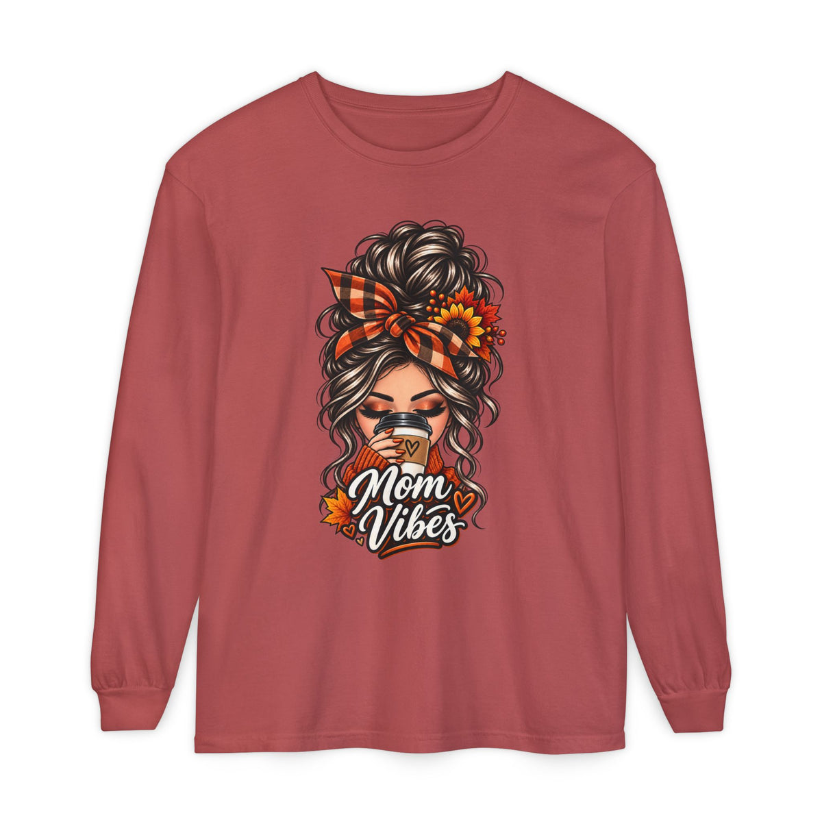 Mom Vibes graphic, Long Sleeve T-Shirt | Messy Bun Coffee Design