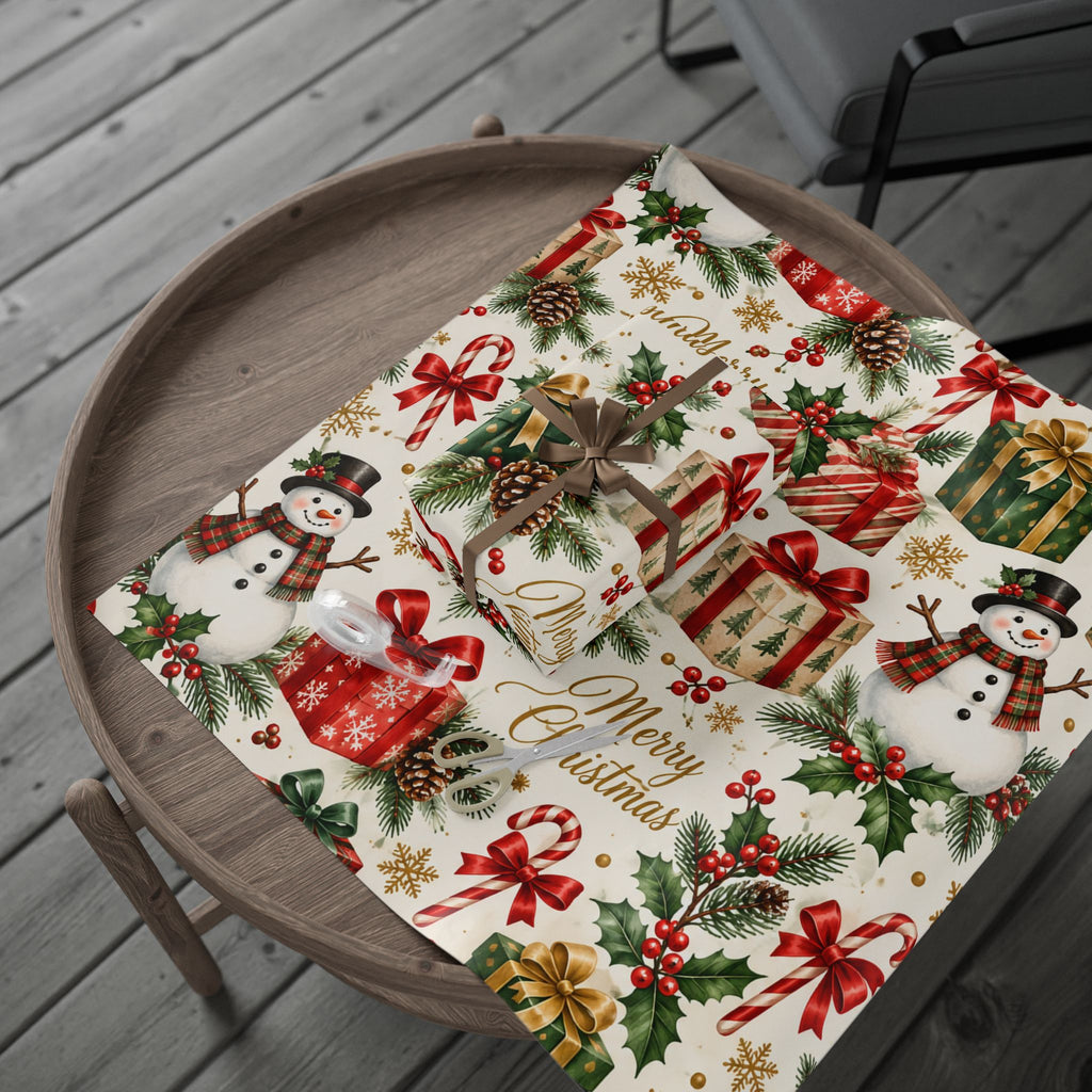 Merry Christmas Snowman and Gifts Wrapping Paper | Holiday Gift Wrap Roll