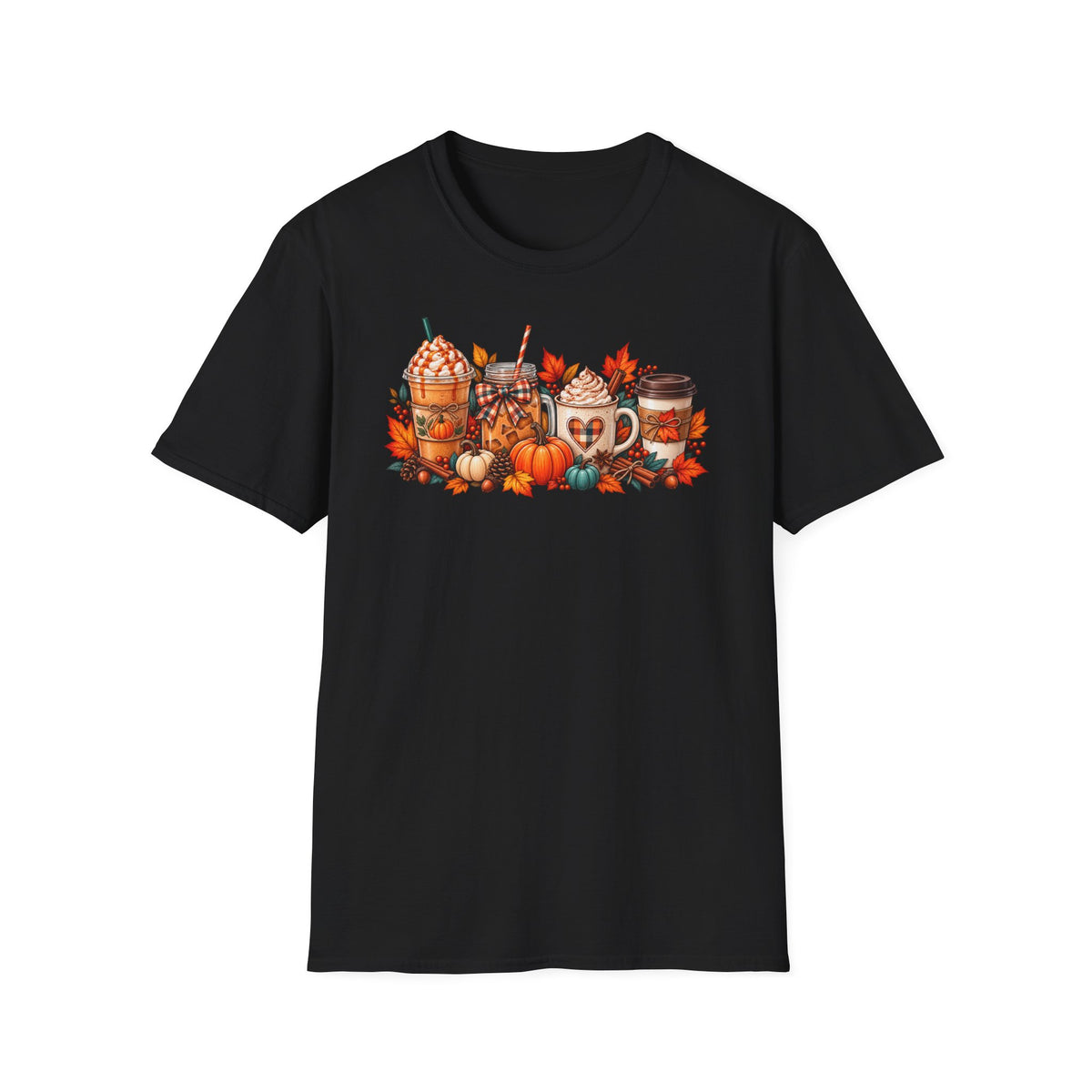 Pumpkin Spice Coffee Cups T-Shirt | Fall Pumpkin Latte Autumn Leaves