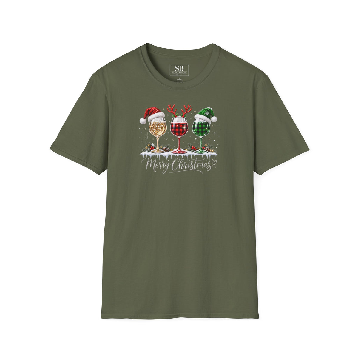 Christmas Wine Glass Trio T-Shirt | Holiday Wine Glasses with Santa Hats